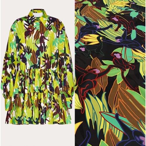 Monkey and Leaves Print Crepe Fabric Cloth Polyester Fashion For Sewing Handmade Woman Shirt Summer Dress Skirt DIY Per Meter