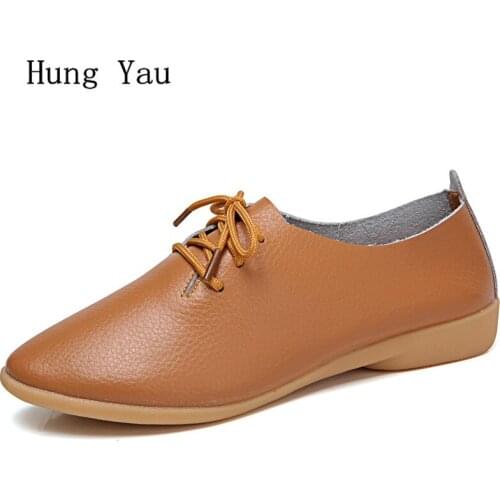 Women Shoes Flats Genuine Leather 2018 Summer Autumn Fashion Lace Up Casual Shoes Woman Flat Work Walking Round Toe Plus Size