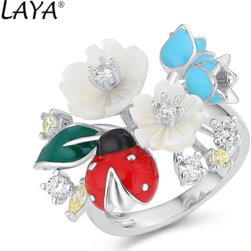 Laya 925 Sterling Silver Fashion Natural Shell Flower Green Leaf Enamel Animal High Quality Zircon Ring For Women Jewelry