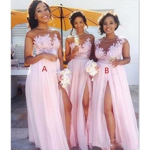 Sexy Sheer Neckline Cap Sleeves Lace Appliques Tops Party Gown Side Split Chiffon Bridesmaid Dress for Wedding Party