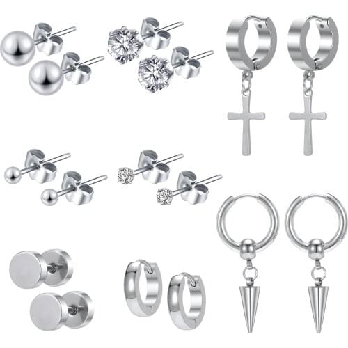 16Pcs/Set Crystal Ball Stud Earrings Stainless Steel Hoop Round Earring Set For Women Men Cross Drop Dangling Earring Black Punk
