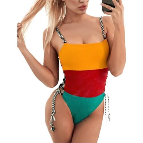 2021 Summer Women One Piece Swimsuit Back Lace Up One-Piece Swimsuit Split Bikini Female Red Orange Patchwork Swimwear Beachwear
