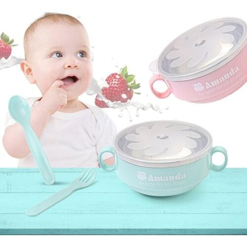 3Pcs/set Baby Feeding Bowl Food Tableware Staineless Steel Cute Kids Dishes With Spoon Fork Infant Training Dinnerware MBG0559