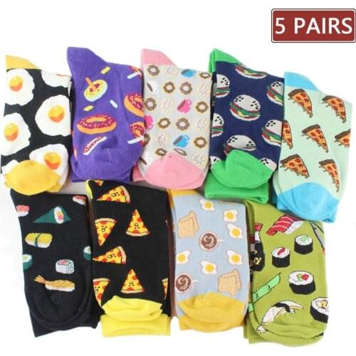 5 Pairs Women Cotton Cute Funny Socks With Print Cartoon Fashion Happy Socks Avocado Sushi Harajuku Autumn Winter Warm Men Socks