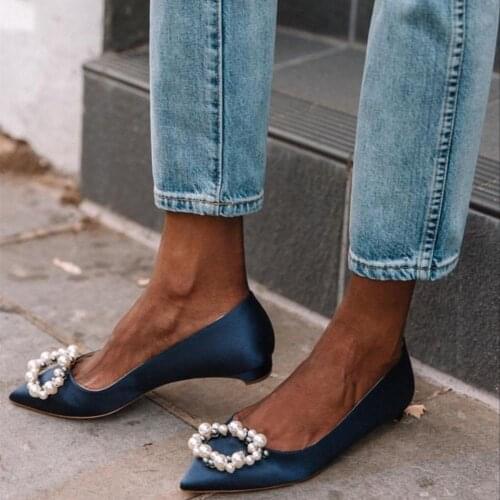Womens satin flats point to beaded ballet brand blue casual buckle with rhinestone shoes 2019 spring and autumn banquet elegant