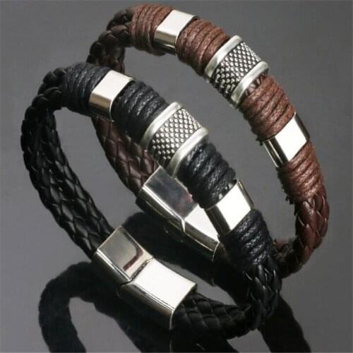 High Quality Stainless Steel Charm Bracelet Braided Black Brown Genuine Leather Bracelet for Mens Hand Wristband Jewelry
