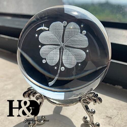 H&D 6cm 3D Ball Laser Engraved Four Leaf Clover Crystal Ball Glass Miniatures Sphere Home Decor Accessories Ornament Gift Stand