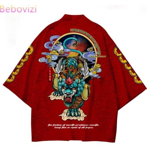 2pcs Suit Plus Size XS-6XL Loose Dragon Print Japanese Samurai Harajuku Kimono Cardigan Women Men Cosplay Yukata Tops Pants Set