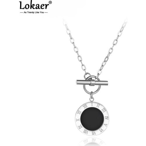 Lokaer Classic Stainless Steel Fine Brand Jewelry Black Shell Roman Alphabet Pendant Neckalces Bridal Wedding Jewelry N18023