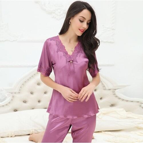 2021 Summer Womens Pajamas New Embroidered Lace V-neck Middle Sleeve Nightwear Imitation Silk Pants Home Wear Female Sleepwear