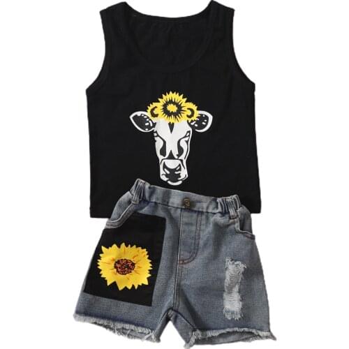 New 2Pcs Kids Summer Streetwear, Girls Letter Print O-Neck Sleeveless Vest + Sunflower Denim Shorts Suit, 2-7 Years