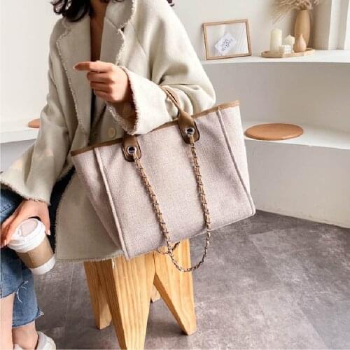 Casual Large Capacity Chain Tote Bags Women High Quality Canvas Handbag Girl Fashion All-match Shoulder Bag Lady Retro Big Purse