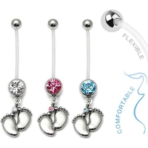 Baby on Board PTFE Flexible CZ Crystal Feet Pregnant Maternity Navel Belly Ring Fasion Dangle Belly Button Piercing Jewelry 14g
