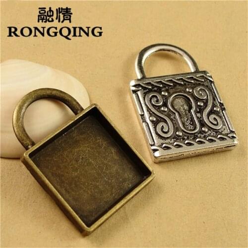 RONGQING 30pcs/lot Creative Handmade Jewelry Lock Shape Cabochon Settings 20mm Retro Pattern Lock Charms Cameo Base