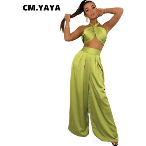 CM.YAYA Women Set Solid Sleeveless Halter Bandage Backless Crop Tops Wide Leg Pants Two 2 Piece Set Fashion Outfits Summer 2021