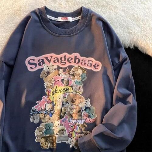 Punk Goth Vintage Cute Bears Print Sweatshirt Clothes for Teens Streetwear Oversized Casual O-neck Tops 2021 Autumn New Fashion