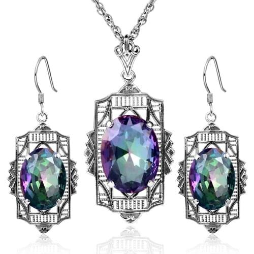 Szjinao 925 Silver Jewelry Set For Women Pure 925 Sterling Silver Vintage Gemstone Mystic Ranibow Topaz Handmade Fine Jewelry