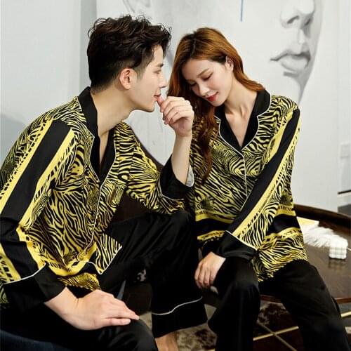 Spring And Autumn Thin Couple Home Service Suit Sleepwear New Satin Zebra Print Long-sleeved + Trousers Pajamas