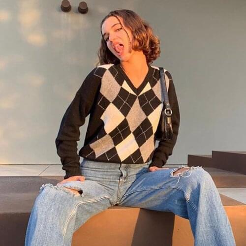 Y2k Clothes Winter Contrasting Color Vintage Knit Sweater Argyle Plaid Jumper Women Preppy Style Long Sleeve Streetwear Tops New