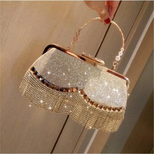 FIRMRANCH Womens Dinner Bag 2021 New High-end Golden Lady Rhinestone Tassel Banquet Handbag Party Clutch