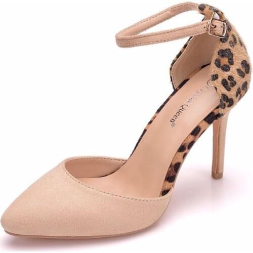Women sandals wedding Party Flock Buckle Strap 9CM Thin High heels Pointed Toe Leopard zapatos de mujer women shoes size 35-42