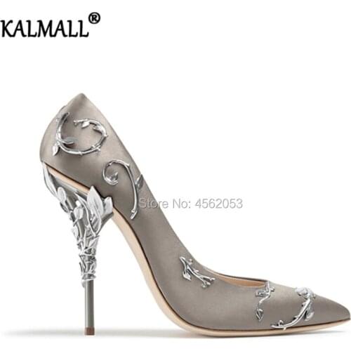 KALMALL Luxury Silk Tacones Metal Stiletto Bridal Wedding Shoes Sexy Pointed Toe Ladies Pumps Filigree Leaves Eden High Heels