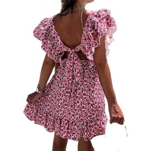 Summer Butterfly Sleeve Floral Print Dress Women Ruffle Square Collar Back Lace-up Sundress Boho A Line Beach Party Dress 2021