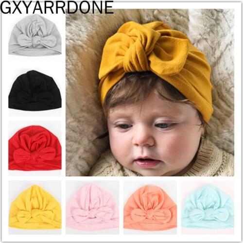 1pcs 2019 New 12 Colors Chosen Girls Boys Soft Turban Round Rabbit Ear Knot Cap Beanie Hat Muslim India Hat Bohemian Bows Hat