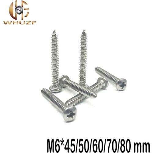 10pcs M6*45/50/60/70/80 mm GB845 phillips stainless steel 304 pan head head Self Tapping Screws