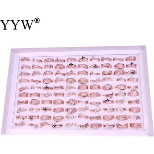 100pcs/Box Finger Ring Rose Gold Plated With Rhinestone Fashion Design Rings Set Jewelry Women Wedding Ring Love Engagement Ring