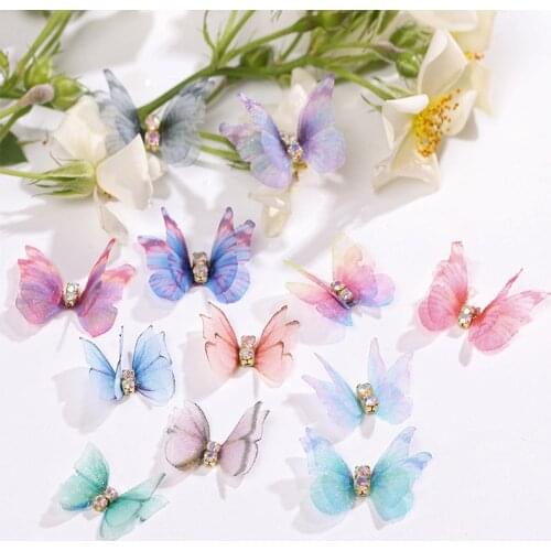 200pcs Double Layer Rhinestones Butterfly DIY Hair Pin Making Ethereal Tulle Butterfly For Wedding Dress Garment Decoration