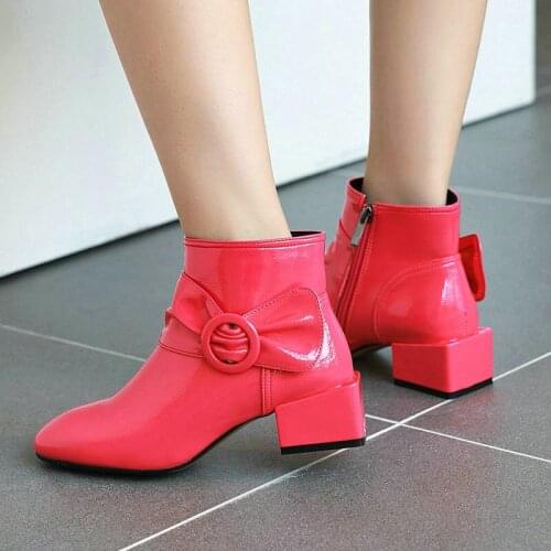 Cute Pink Red Black Women Ankle Boots Fashion College Style 4.5CM Square Root Bow Decoration Ladies Ankle Boots Autumn Winter