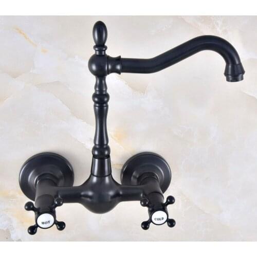 Black Oil Rubbed Antique Brass Bathroom Kitchen Sink Basin Faucet Mixer Tap Swivel Spout Wall Mounted Dual Cross Handles mnf471