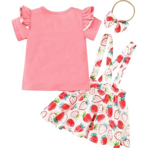 Citgeett Summer Infant Baby Girls Strawberry Print Outfits Fly Sleeve Round Neck T-shirt + Suspender Skirt + Bowknot Headband