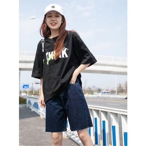 5 points denim shorts womens raw edge fat mm plus size womens high-waisted thin a-line five-point pants summer loose thin sect