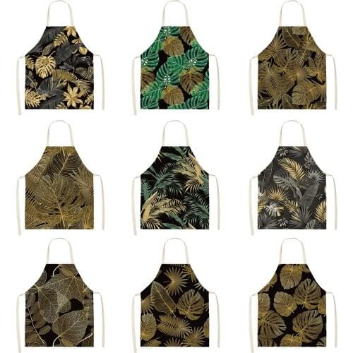Glod Leaves Priinting Women Kitchen Aprons Cooking oil-proof Cotton Linen Antifouling Chef Apron 68*55cm 0163