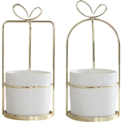 FashionModern Non-Porous Ceramic Vase With Gold Frame White Porcelain Home Decoration Plant Planting Flower Pot White + Gold Cer