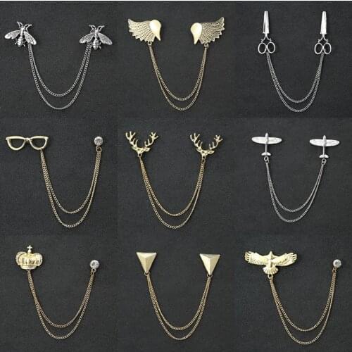 Korean Fashion Metal Bee Brooches for Women Animal Eagle Crystal Tassel Chain Lapel Pins Mens Suit Collar Pin Badge Accessories