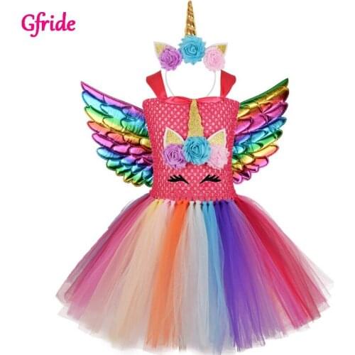 Flowers Girls Unicorn Pony Costume With Headbad Wings Princess Girl Fancy Birthday Theme Party Dreses For Kids Clothing 1-8 Year