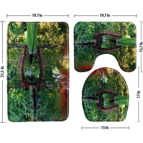 Garden Bath Mat Bridge River Green Tree Landscape Non-Slip 3 Piece Bathroom Set Rugs Toilet Cover Lid Cushion Sets U-Shaped Pad