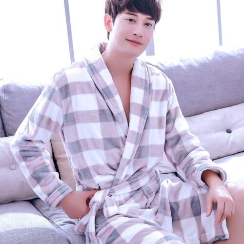 H5972 Men Robes Nightgown Autumn Winter Warm Thick Home Clothes Male Flannel Coral Velvet Long Sleeve Leisure Soft Sleepwear