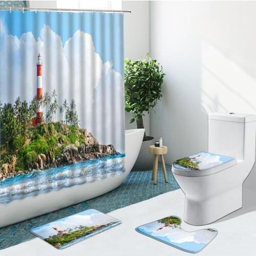 Blue Sea Lighthouse Mountain Tree Bathroom Curtain Set Non-Slip Rugs Flannel Carpet Shower Curtains Toilet Cover Bath Mat Decor