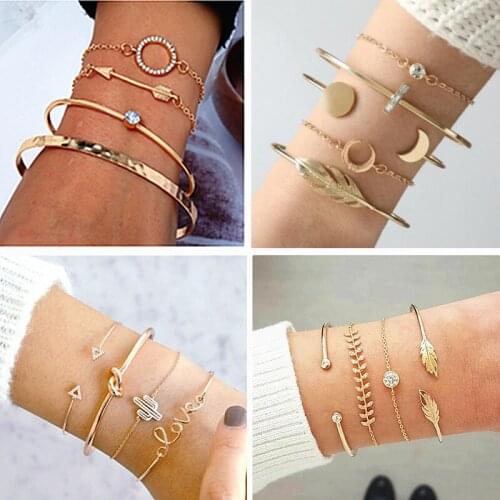 Multiple Styles Classic Arrow Knot Round Crystal Multilayer Adjustable Open Bracelet Set Women Fashion Party Jewelry 1 Set