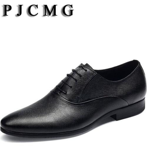 PJCMG New Breathable Mens Business Lace-Up Black/Wine Red Pointed Toe Formal Dress Genuine Leather Wedding Oxfords Office Shoes