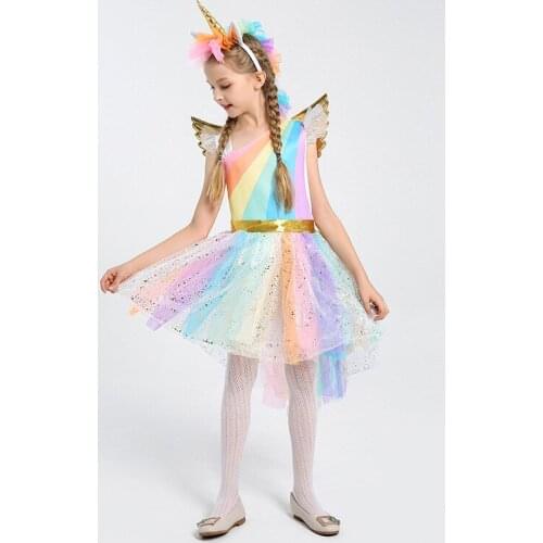 Girls' Dress With Headband Halloween Christmas Cosplay Costume Kids Summer Unicorn Dress Party Dresses