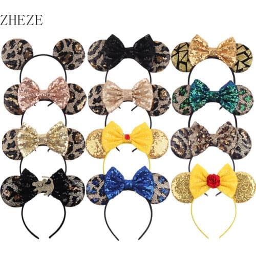 9Pcs/Lot Leopard Series Sequin Mouse Ears Hairband For Women Classic 5"Bow Headband Girls DIY Glitter Hair Accessories Wholesale
