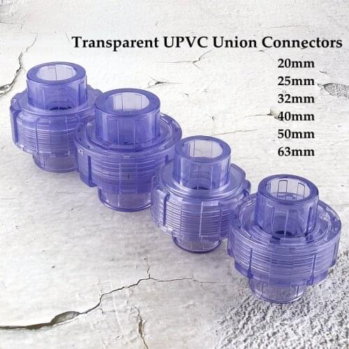Inner Diameter 20/25/32/40/50/63mm UPVC Pipe Transparent Union Connector Aquarium Fish Tank Joints Irrigation Watering Fittings