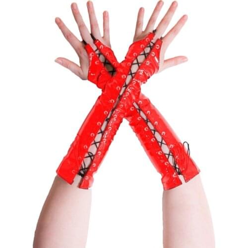 Sexy LaceUp Patent Leather PVC Vinyl Wet Look Up to Elbow Fingerless Gloves Night Club Pole Dance Costumes