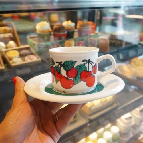 Medieval Vintage Cherry Coffee Cup and Saucer Mocha Ceramic Cup Flower Teacup Turkish Coffee Cup Set Tea Cup Set