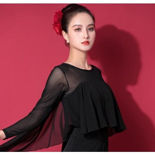 Mesh Ballroom Dane Tops Women Black Salsa Dance Outfit Long Sleeve Tango Dancewear Designer Clothes Performance Costume DL8124
